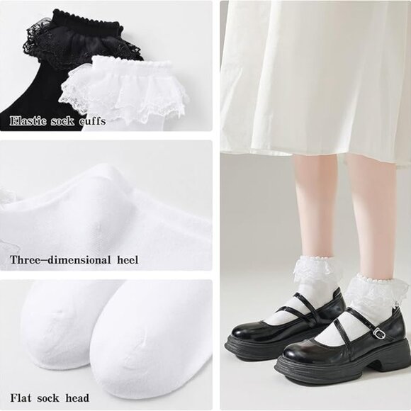 Lace Ruffle Frilly Socks for Women, Lace Ankle Socks with Double Layer Lace - - Picture 2 of 8
